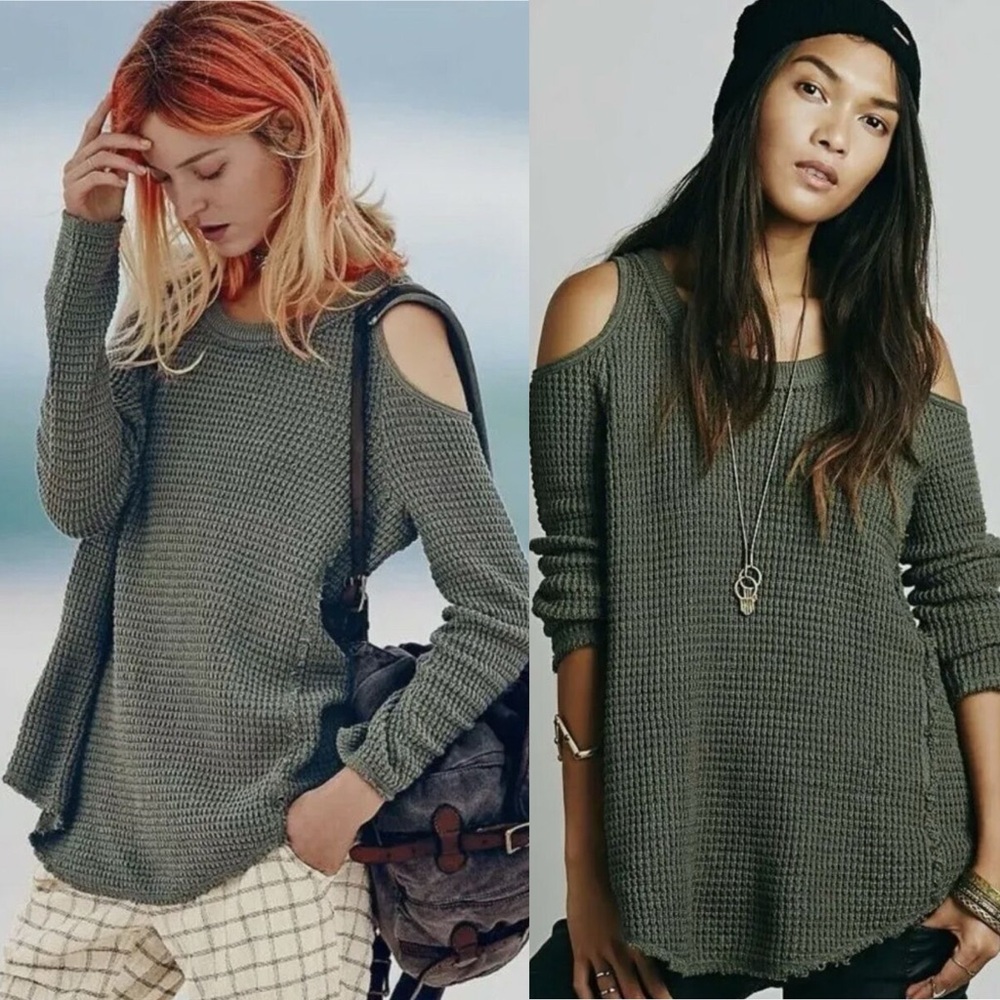 Free People Waffle Knit Cold Shoulder Top Thermal Long Sleeve Crewneck size S
